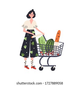 Cartoon female with shopping cart full of products vector flat illustration. Colorful customer woman with trolley isolated on white. Shopper girl carrying eco food, bread, vegetable and fruit