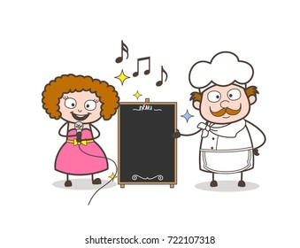 Cartoon Female Singer with Chef Presenting Information Banner Vector