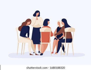 Cartoon female sitting together in circle talking about problem vector flat illustration. Woman discussion at psychological therapy in group isolated on white. People at psychotherapeutic meeting