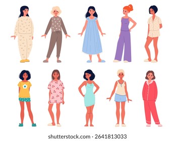 Cartoon female sleepwears. Beautiful young women in cozy home clothes, lightweight nightgowns, trendy cute pajamas for sleeping comfortable underwear and shoes, classy vector isolated set