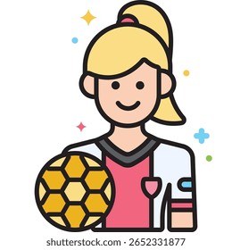Cartoon Jogadora de futebol feminino com rabo de cavalo loiro segurando um grito