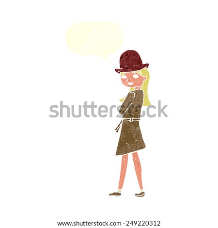 cartoon female spy with speech bubble