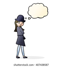 cartoon female spy with thought bubble