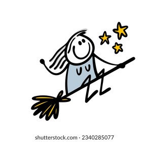 Cartoon female stickman witch is flying on a broomstick in the sky. Vector illustration of a girl with flowing hair and stars. Creative doodle character isolated on white background.