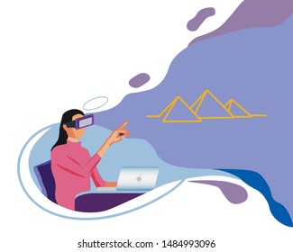 Cartoon Female Student Character Wearing VR Glasses Sitting at Laptop and Learning Ancient History about Egyptian Pyramids. Young Designer at Work. Virtual Augment Reality. Flat Vector Illustration