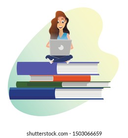 Cartoon Female Student Sitting in Lotuse Pose on Huge Books Stack Study on Laptop, Learn Lesson, Remotely Reads Ebook. Online University Education Technology, E-library. Vector Flat Illustration