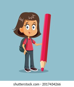 Cartoon Female Student Standing Near a Giant Pencil. Smart kid taking lessons in creative writing at school 
