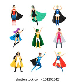 Cartoon Female Superhero Characters Icons Set Stock Vector (Royalty ...