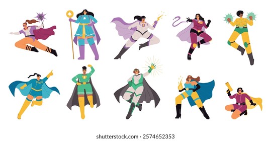 Cartoon female superheroes. Power women characters with capes and masks, various skills, different actions, comic personajes, vector set
