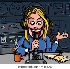 Cartoon female talk radio dj on the air in a studio