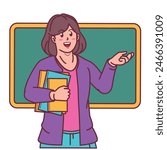 cartoon female teacher carrying books, and blackboard behind