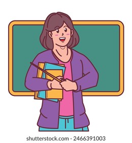 cartoon female teacher carrying books, and blackboard behind