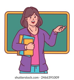 cartoon female teacher carrying books, and blackboard behind