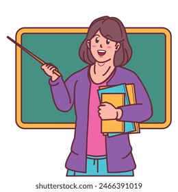 cartoon female teacher carrying books, and blackboard behind