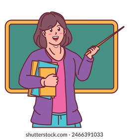 cartoon female teacher carrying books, and blackboard behind