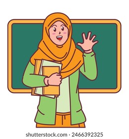 Cartoon of a female teacher in a hijab carrying a book, and a blackboard behind her