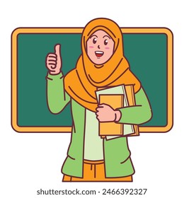 Cartoon of a female teacher in a hijab carrying a book, and a blackboard behind her