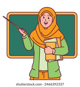Cartoon of a female teacher in a hijab carrying a book, and a blackboard behind her