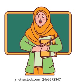 Cartoon of a female teacher in a hijab carrying a book, and a blackboard behind her