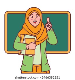 Cartoon of a female teacher in a hijab carrying a book, and a blackboard behind her