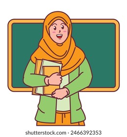 Cartoon of a female teacher in a hijab carrying a book, and a blackboard behind her