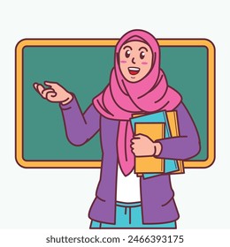 Cartoon of a female teacher in a hijab carrying a book, and a blackboard behind her