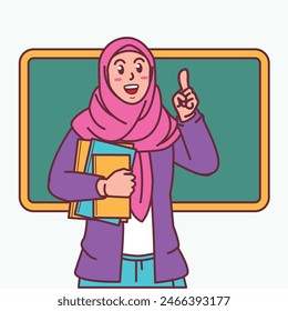 Cartoon of a female teacher in a hijab carrying a book, and a blackboard behind her