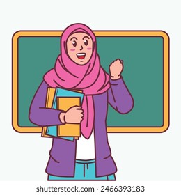 Cartoon of a female teacher in a hijab carrying a book, and a blackboard behind her