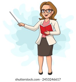 Profesora de dibujos animados con lápiz de puntero