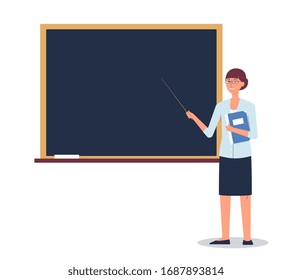 Cartoon female teacher standing by school chalkboard isolated on white background - woman pointing at blank board with pointer. Education message template - flat vector illustration