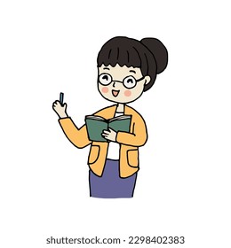 Cartoon female teacher standing and holding textbook, hand drawn vector illustration