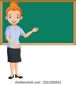 Cartoon female teacher standing next to a blackboard