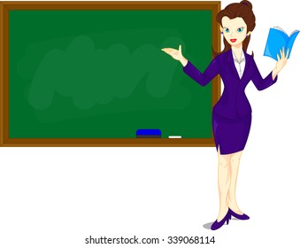 Cartoon female teacher standing next to a blackboard