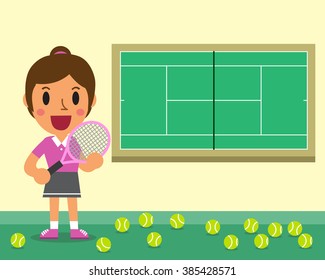 Cartoon female tennis player and court template