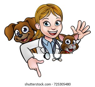 A cartoon female vet character with pet cat and dog animals above sign pointing