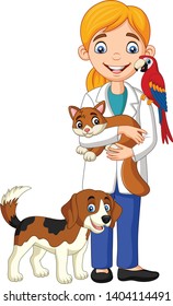 Cartoon female veterinarian examining pets