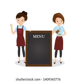 Cartoon female waiters near menu board, beauty caucasian woman characters in uniform, restaurant or coffee shop staff,isolated on white,flat vector illustration