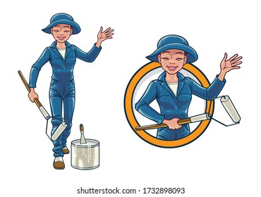 Cartoon Female Wall Painter Service Mascot Logo