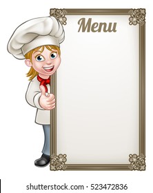 Cartoon female woman chef or baker character giving thumbs up with menu sign board