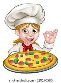 Cartoon female woman chef character holding a pizza and giving a perfect okay delicious cook gesture