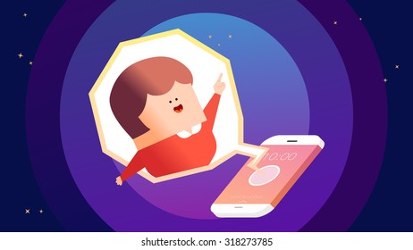 Cartoon female woman young lady character pop out from a speaking bubble, raising her hand with pointing upward finger gesture signs. Flat design smartphone device icon object. Outer space background.