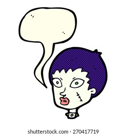 cartoon female zombie head with speech bubble