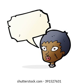cartoon female zombie head with speech bubble