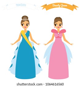 Cartoon females in long gown night party dresses. Beauty queen. Prom queen concept.