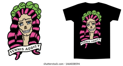 Cartoon Feminine Skull With Long Pink Hair, Tennis Ball Arounded. Slogan - Tennis Addict. Hand Drawn Concept Doodle Vector Illustration. Print For Trendy T Shirt And Apparel Design, Cards, Stickers.