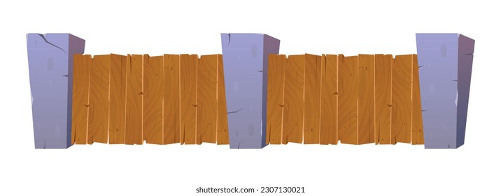 Cartoon fence made from wood and stones set. Vector illustration isolated on white