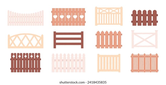 Cartoon fences. Isolated wooden fence, farm or garden railing elements. Fencing decorative sections. Flat backyard gates racy vector clipart