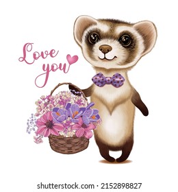 Cartoon ferret with a basket of flowers. Valentine card, happy birthday card, congratulation. Picture, emblem, illustration for children, for printing on souvenirs.