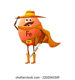 Cartoon Ferrum Or Iron Cowboy Or Ranger Micronutrient Character. Funny Vector Fe Robber Or Bandit With Rifle Gun, Wild West Armed Personage Wear Hat, Cape And Belt. Texas Western Hero