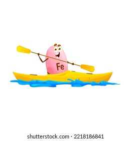 Cartoon ferrum or iron micronutrient kayaking character. Funny vector Fe sportsman kayaker rowing boat with paddles in sea and ocean waves. Vitamin personage water sport, vacation activity